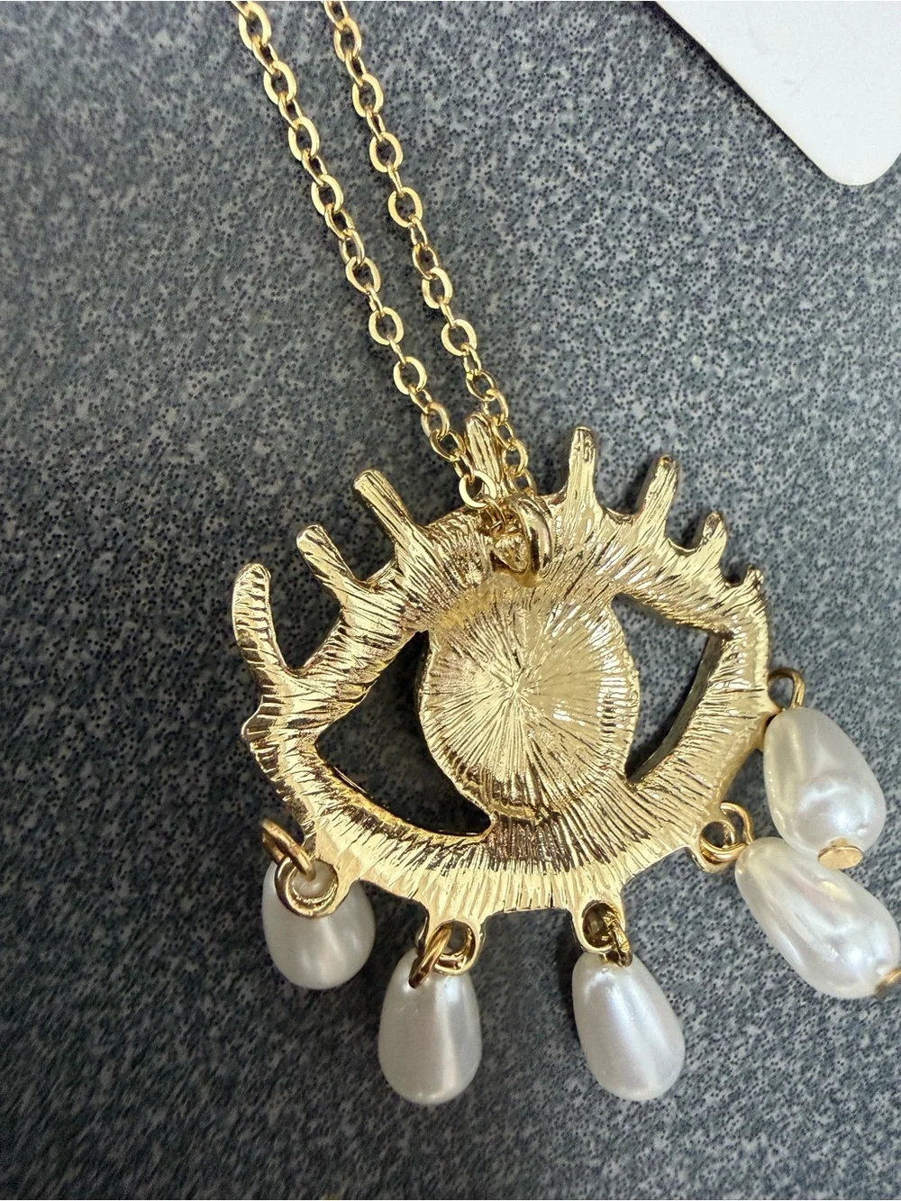 Gold-Tone Teal Green Evil Eye Necklace & Earrings Set with Pearl Drops